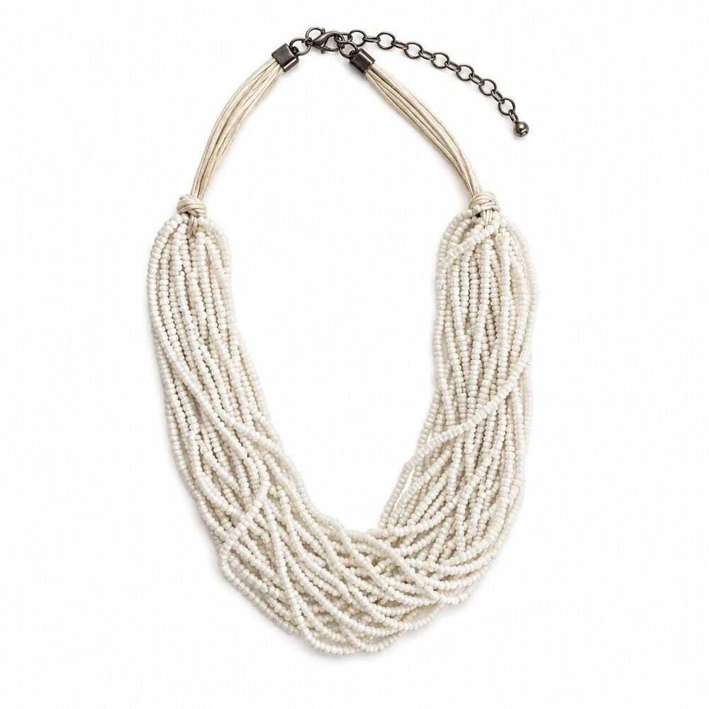 White Multi Strand Seed Bead Statement Necklace Cream Beaded Boho Coastal 21 - Picture 2 of 8